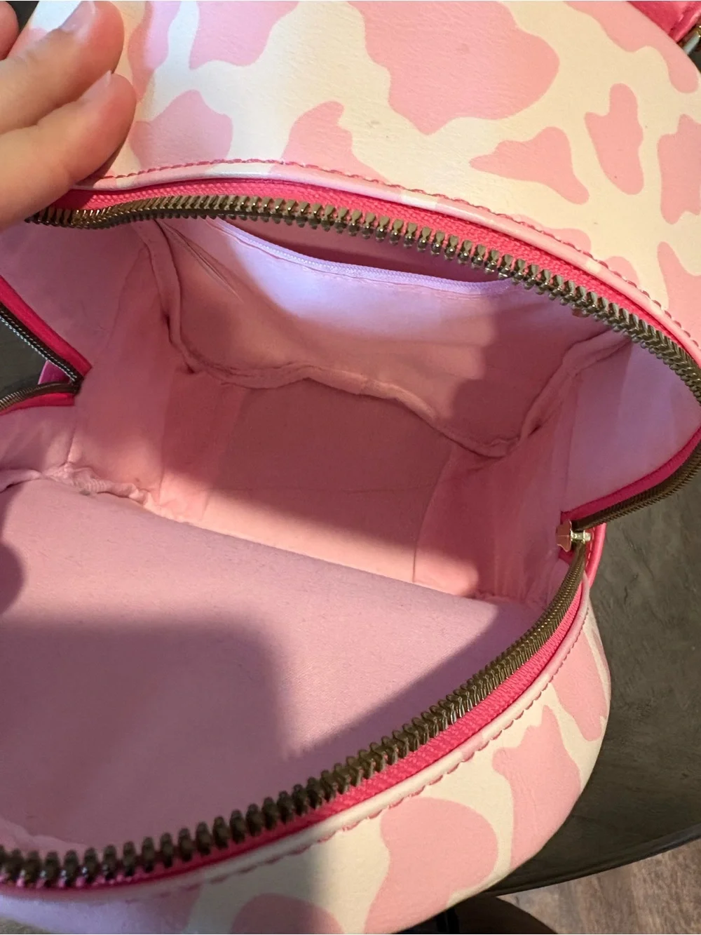 Girls Pink Cow Print Mini Backpack with Strawberry Charm